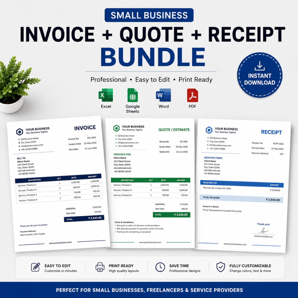 Small Business Invoice + Quote + Receipt Bundle
