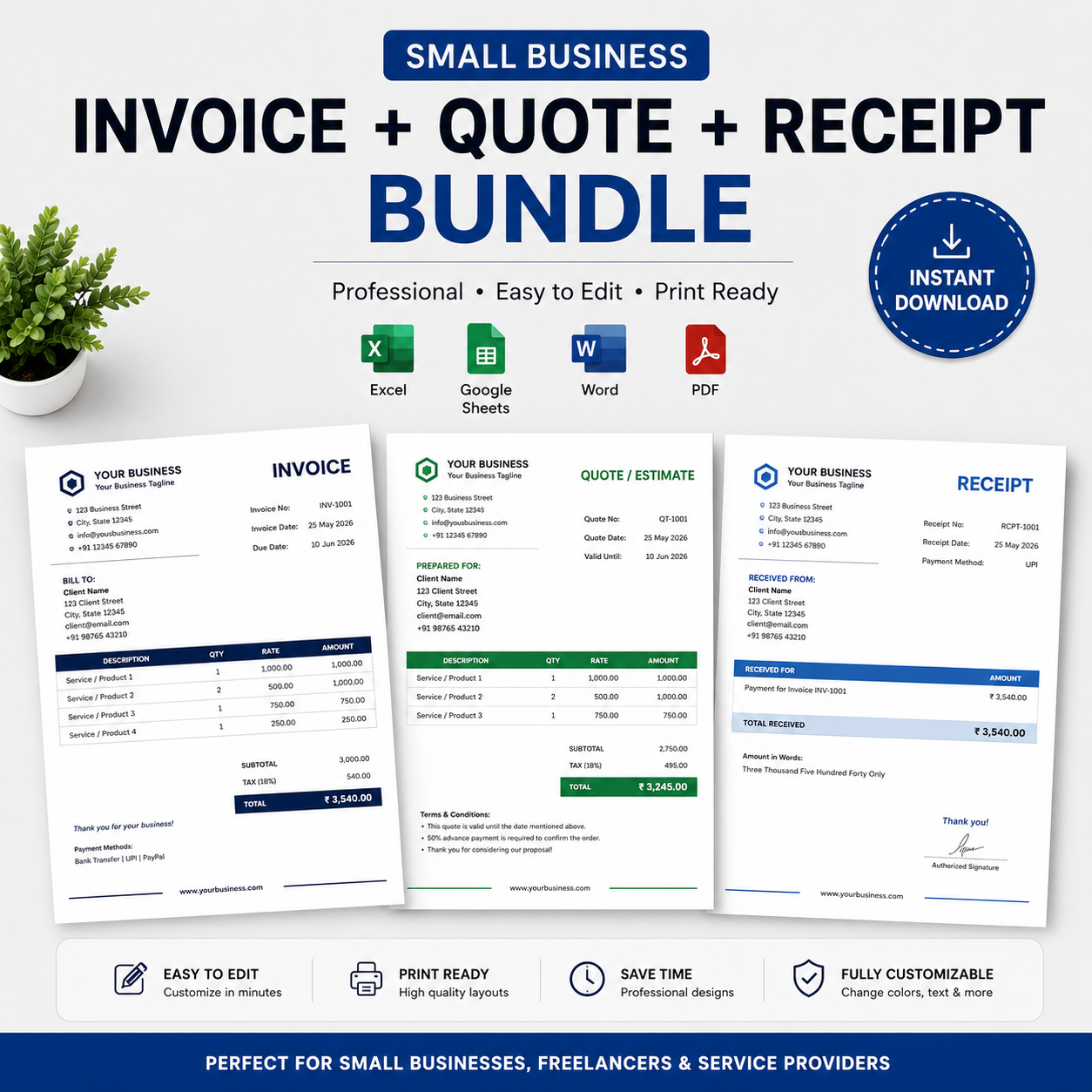 Small Business Invoice + Quote + Receipt Bundle
